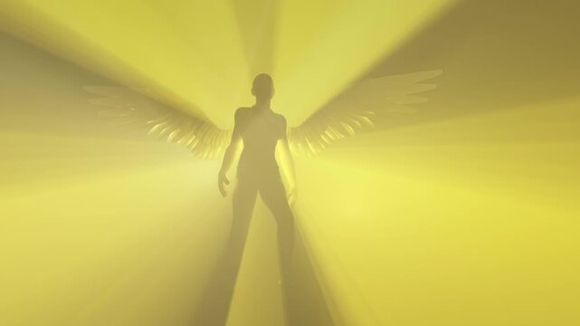 An angel character stands upright and unfurls its' wings in a misty backlit golden yellow scene