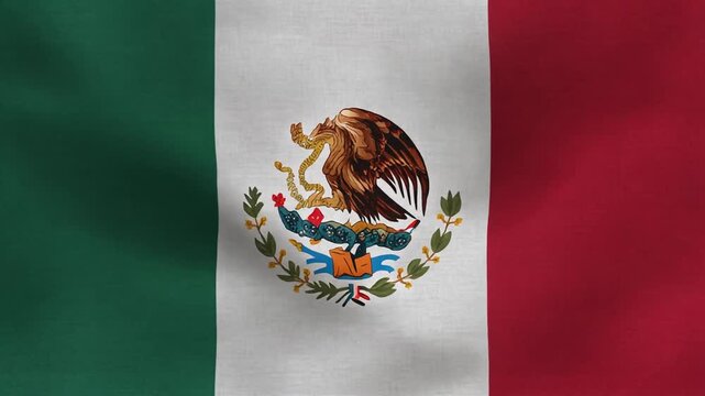 Vertical tricolor flag of Mexico&mdash;green, white, and red with central eagle devouring snake atop cactus.