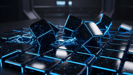 Futuristic glowing blue cubes with lightning strikes on a dark grid surface abstract background