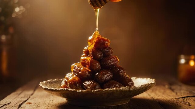 Honey drizzled over stacked dates on plate with candlelight background, rustic setting