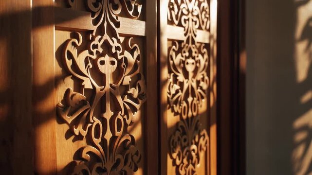 Intricately carved wooden room divider casts ornate shadows on a wall in a brightly lit interior