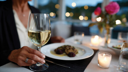 Obraz premium A woman enjoys an elegant dining experience, holding a glass of white wine, highlighting a perfect blend of fine dining, luxury, and the enjoyment of good food.