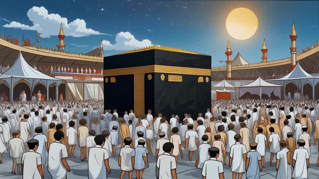 Large crowd of people in white robes gathered around the Kaaba during Hajj pilgrimage at night in Mecca