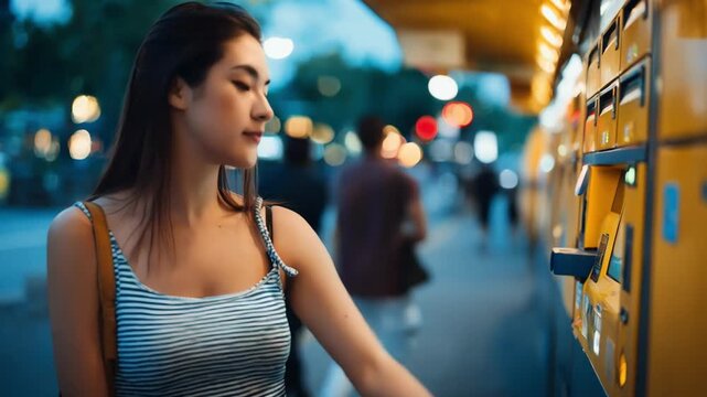 Medium shot of a customer using a touch screen to access a secure parcel locker for contactless retrieval of deliveries.