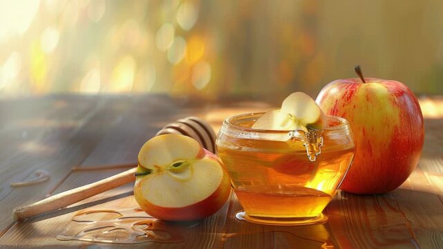Video A sweet treat setup with honey, apple slices, and a spoon on a table