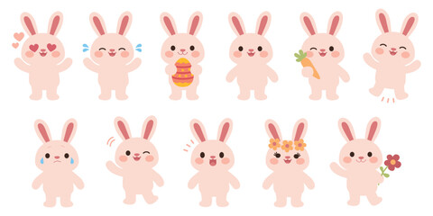 Obraz premium Adorable Easter rabbits character set vector illustration Cute cartoon bunny emotions Easter flat vector set Sweet Easter bunny characters with egg and carrot