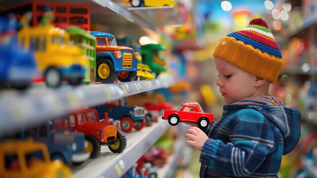 Video A young child closely observing a toy vehicle, perfect for depicting childhood curiosity and innocence