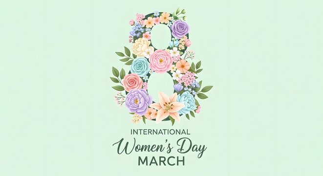 International Women's Day celebrated with a beautiful number 8 formed by colorful flowers and green leaves.