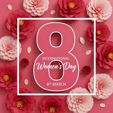 Elegant International Women's Day design featuring a large number 8 surrounded by lush red and pink camellia flowers.