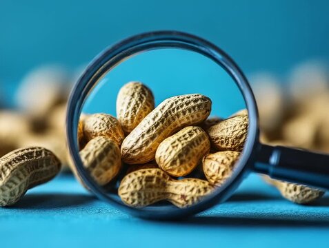 Exploring the details of peanuts under a magnifying glass with a bright blue background