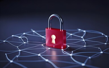 Red padlock on a network of interconnected nodes representing cybersecurity