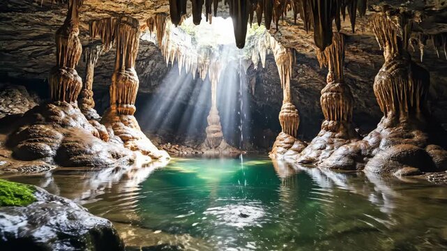 Sunlight Streaming Through Stalactites in Dark Cave with Green Water Pool and Mossy Rocks Underground Landscape
