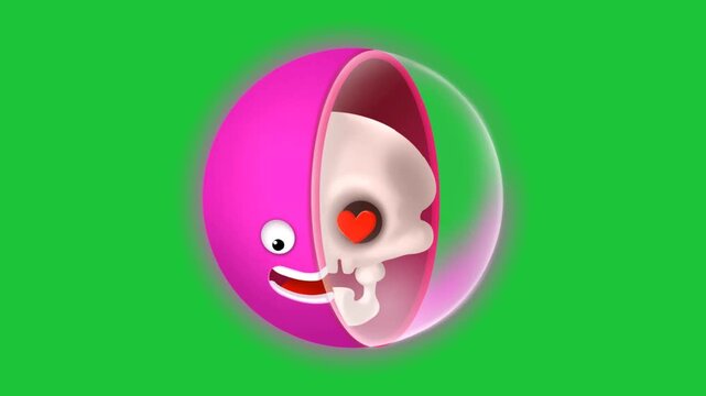 Cute pink 3D cartoon face split open showing heart inside on green background, creative love concept animation