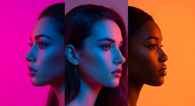 Collage of diverse women's profiles in striking neon lighting, symbolizing modern femininity and global connection.