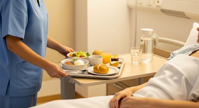 A nurse in blue scrubs serves a meal tray to a patient in a hospital bed.