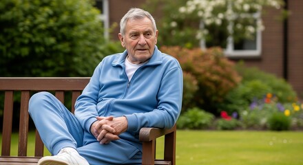 Obraz premium An elderly man in a blue tracksuit sits on a park bench outdoors, looking thoughtfully into the distance.