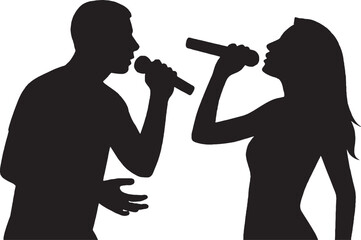 Silhouette of Man and Woman Singing Duet into Microphones