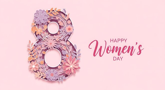Happy Women's Day message with a large decorative number 8 made of colorful paper flowers.