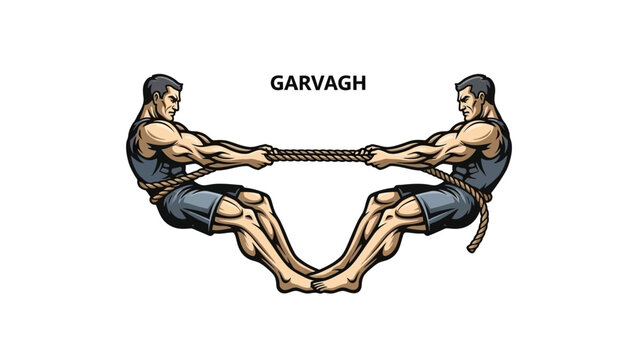 Two muscular men in a mirrored pose pulling a rope in a tug-of-war illustration with the word Garvagh.