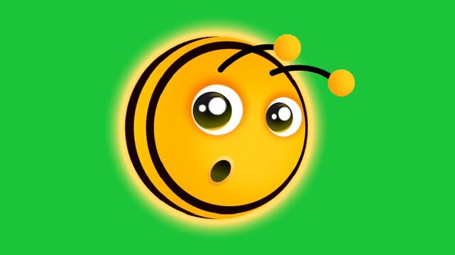 Cute cartoon bee face with big eyes glowing on green screen background, playful 3D character animation for kids and fun designs