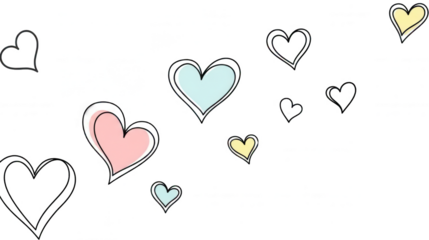 Valentine's day transparent background with many colorful heart outlines and some filled with pastel colors PNG
