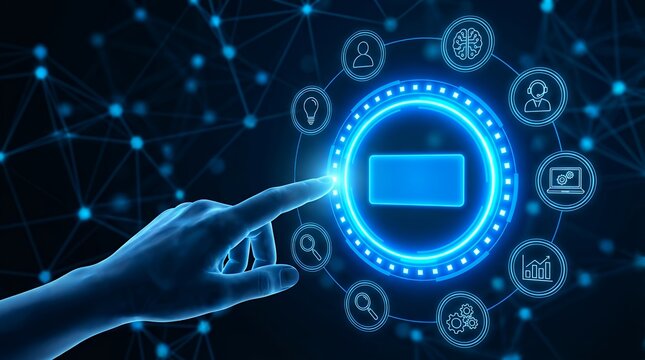 A human hand touches a glowing blue interactive screen displaying abstract digital icons signifying technological advancement and data processing technology innovation futuristic interface - Powered by Adobe