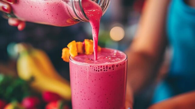 Pouring a vibrant pink berry smoothie into a tall glass garnished with fruit chunks