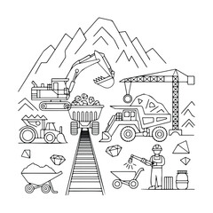 Mining and Construction Site Illustration with Heavy Machinery and Workers