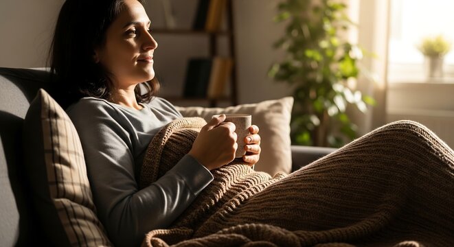 A woman is relaxing on a couch, wrapped in a blanket, holding a warm mug of a beverage.