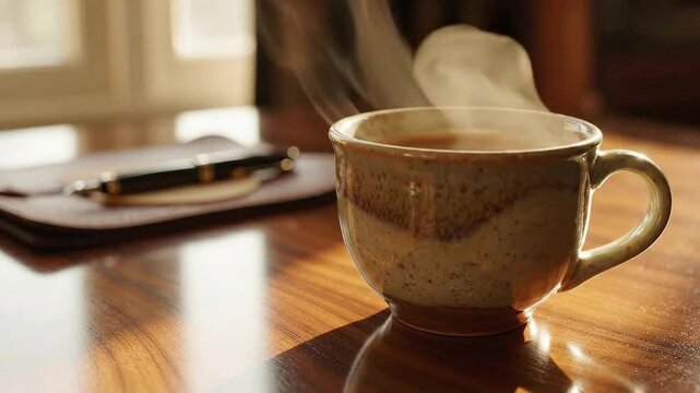 Steaming Coffee or Tea on Desk with Notebook and Pen. Blue Tone. Relaxation, Morning Routine, Work from Home Concept.