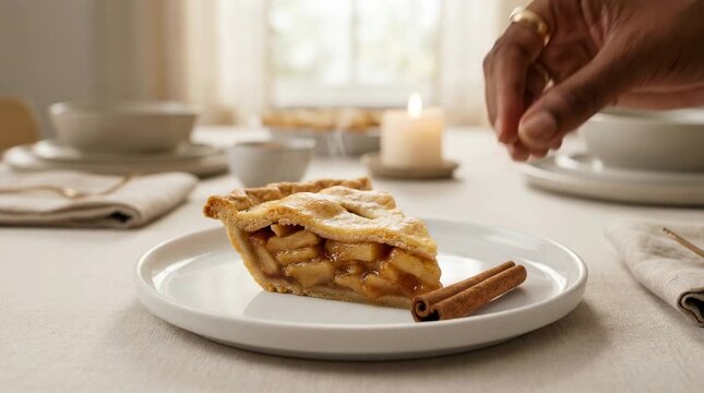 Person places cinnamon stick next to slice of apple pie on a white plate during meal setting around midday