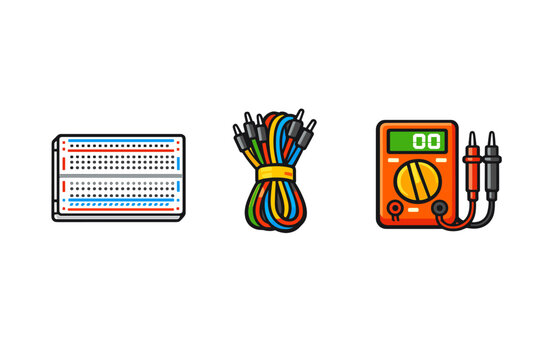 Wires connect a breadboard and multimeter used for electronics projects in a workshop setting during daytime