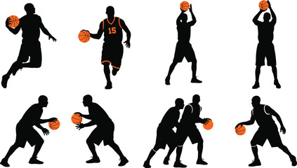 Basketball player silhouette set with orange ball including dynamic dunk layup and defensive stances for sports team branding vector