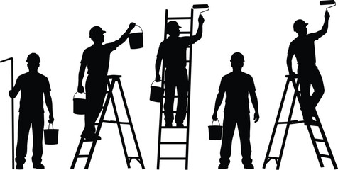 Professional house painter silhouette set with ladders paint rollers and buckets for home renovation and interior decorating service vector © Bappi