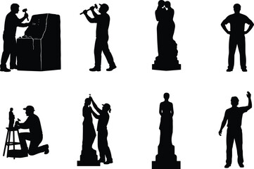 Sculptor Silhouettes Carving Statues, Working with Tools, Artistic Craftsmanship in Studio and Outdoor Settings