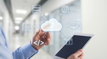 Person using a tablet device to interact with a glowing cloud computing interface showing connected devices and data servers symbolizing digital network connections technology internet storage