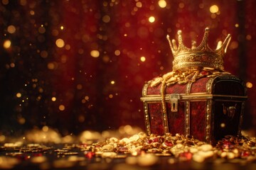 Obraz premium A majestic treasure chest overflowing with gold coins and jewels. A golden crown rests atop this stunning symbol of wealth and prosperity. Discover luxury and splendor. Generative AI