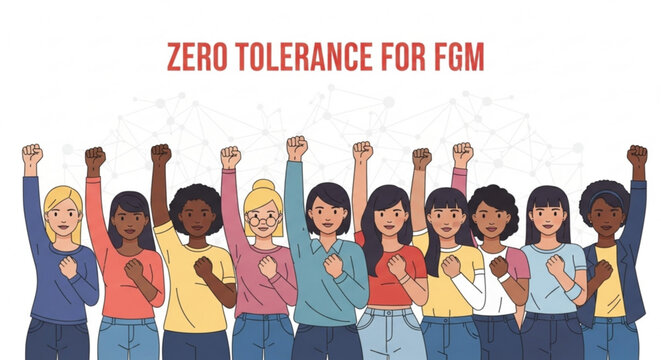 Diverse women protesting against female genital mutilation with fists raised