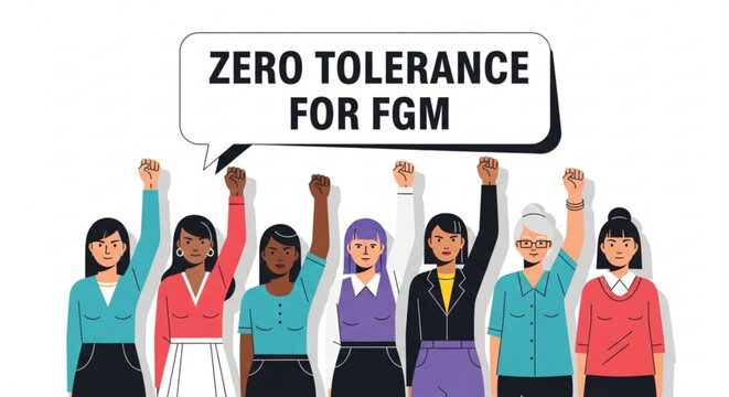 Diverse women raise fists against female genital mutilation zero tolerance