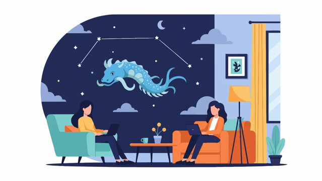 Two women working on laptops in a cozy room with a starry night sky and dragon