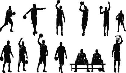 Silhouette basketball players, sports activity, basketball training, slam dunk, ball dribbling, jump shot, teamwork, competition, athletic motion, black white vector illustration © Nusaiba's World