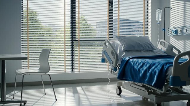 Empty Hospital Room with Adjustable Bed Blue Blanket White Chair and Large Window Casting Shadows in Minimalist Setting During Day Time