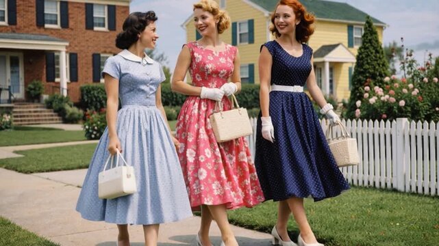 Vintage video scene of three beautiful young women in vintage 1950s dresses walking in a suburb.