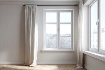 Fototapeta premium Interior view of a room with two windows and light curtains.
