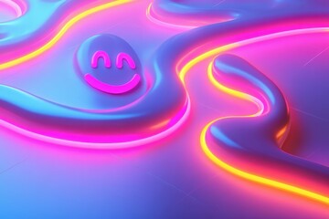 Colorful neon abstract design featuring a smiling face and flowing lines