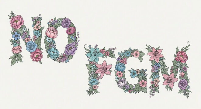 Floral text 'no fgm' with colorful flowers and leaves on white background