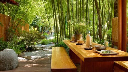 Outdoor dining setting nestled within a lush, dense grove of tall bamboo stalks