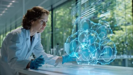 Female scientist examining futuristic holographic model with digital interface and wearing lab coat - Powered by Adobe