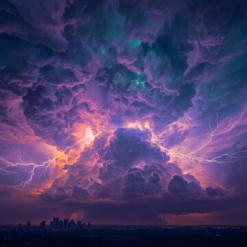 Massive Apocalyptic Supercell Storm Cloud with Internal Lightning Strikes over City Skyline (generative ai)
