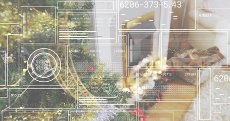 Naklejka premium Displaying decorated evergreen tree glowing with warm string lights in living room, HUD overlay